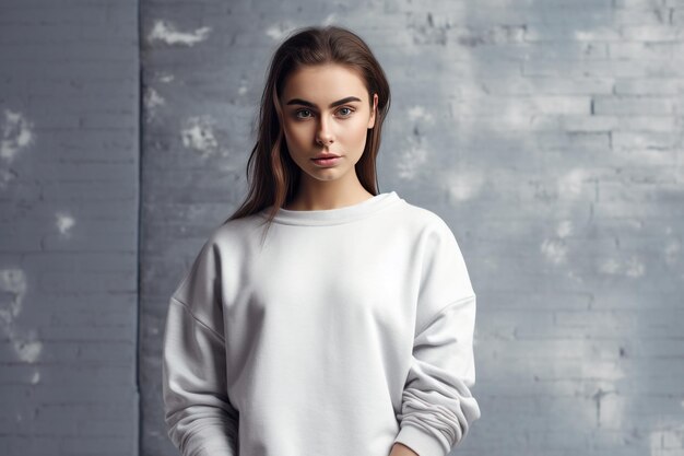 Une femme en sweat-shirt blanc se tient devant un mur gris.