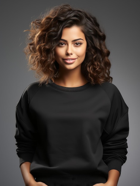 Une femme en sweat-shirt noir posant