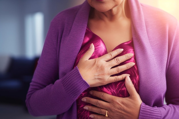 Une femme symbolise la Journée mondiale du cancer en se touchant la poitrine pour sensibiliser le 4 février.