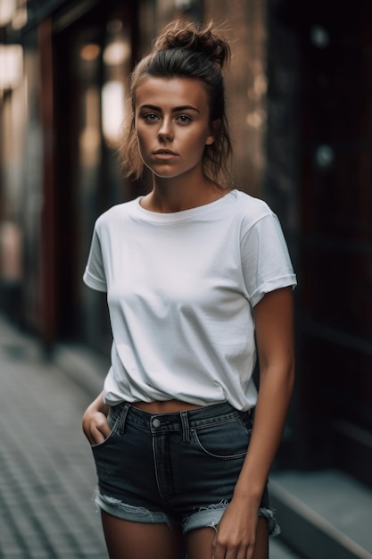 Une femme en t-shirt blanc et jeans se tient dans une rue