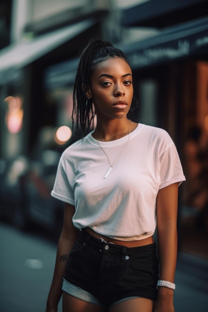 Une femme en t-shirt blanc se tient dans une rue devant un magasin.