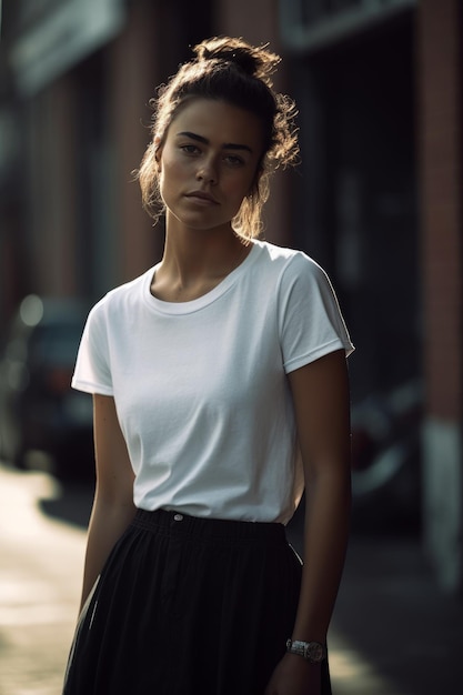 Une femme en t-shirt blanc se tient dans la rue portant un t-shirt blanc qui dit "t-shirt"