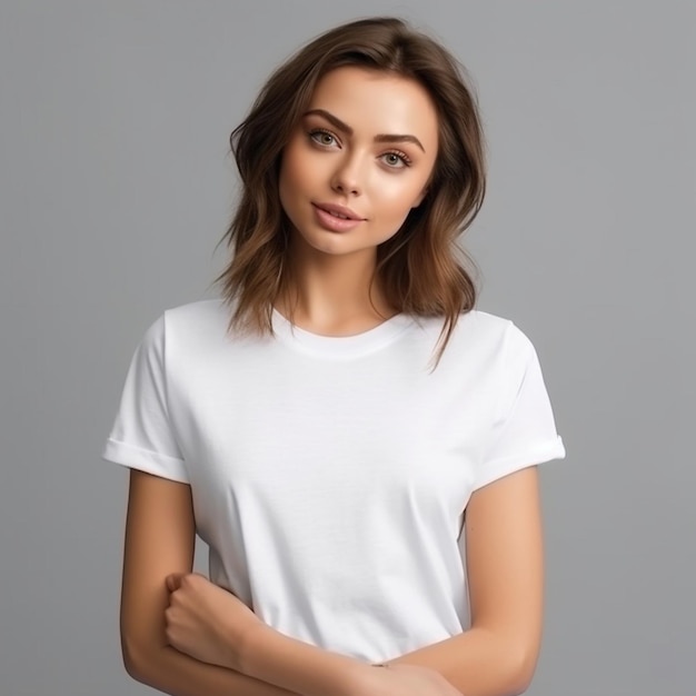 Une femme en t-shirt blanc se tient devant un fond gris