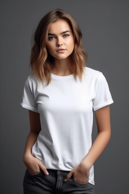 Une femme en t-shirt blanc se tient devant un fond gris.