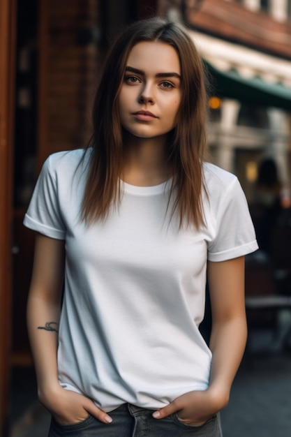 Une femme en t-shirt blanc se tient devant un magasin.