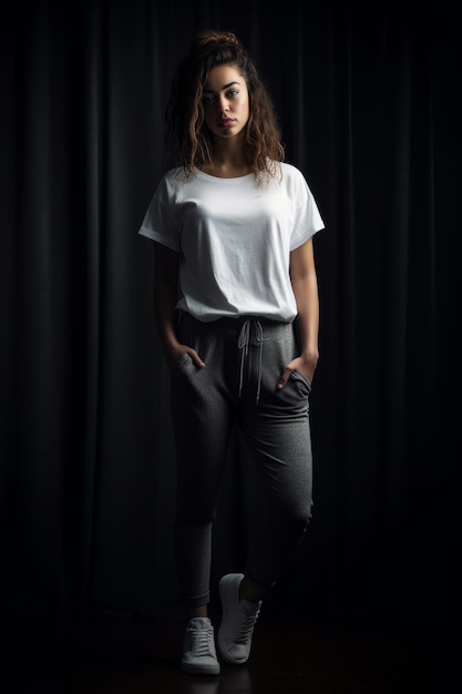 Une femme en t-shirt blanc se tient devant un rideau noir.