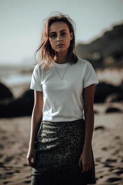 Une femme en t-shirt blanc se tient sur une plage vêtue d'un t-shirt blanc et d'une jupe verte.