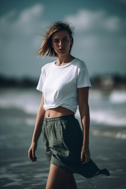 Une femme en t-shirt blanc se tient sur une plage.