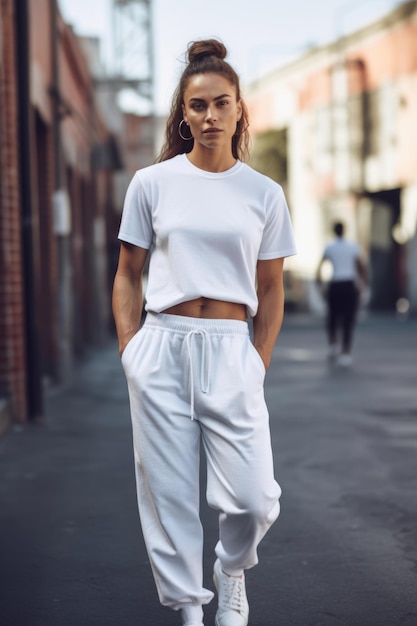 Une femme en t-shirt blanc