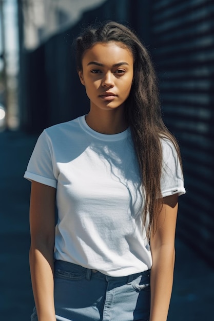 Une femme en t-shirt blanc