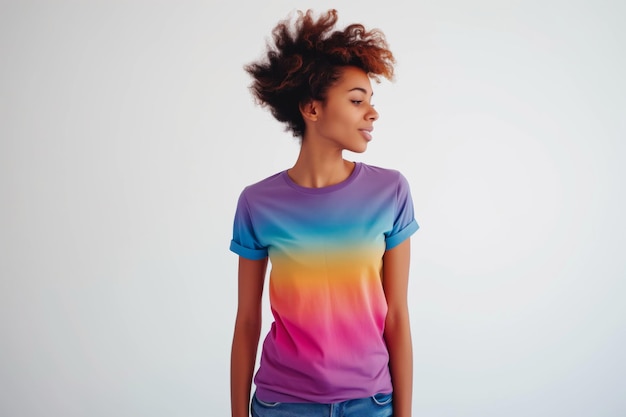 Femme en T-shirt coloré sur fond blanc