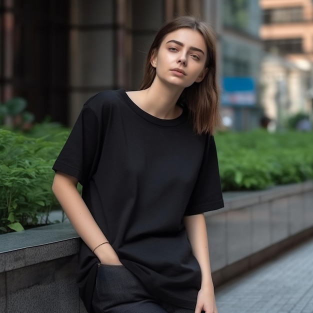 Une femme en t-shirt noir est assise sur un mur de béton