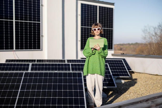 Femme avec tablette numérique sur le toit avec centrale solaire