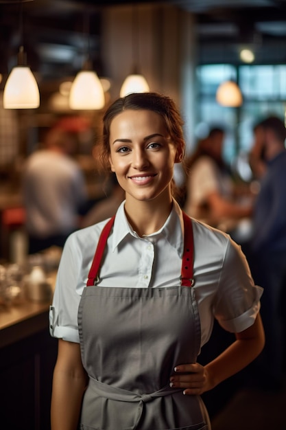 Une femme en tablier blanc se tient dans un bar avec un bar en arrière-plan.