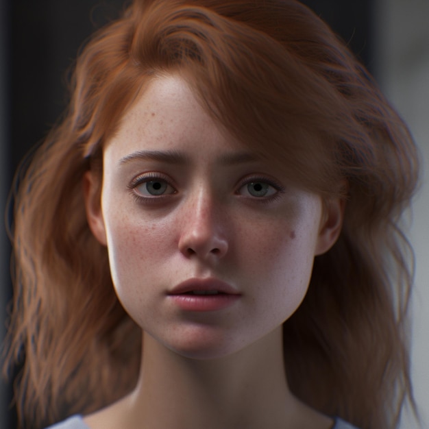 Une femme avec des taches de rousseur et une chemise blanche regarde la caméra.