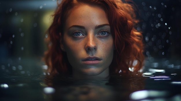 Une femme avec des taches de rousseur et des cheveux roux nage dans une piscine.