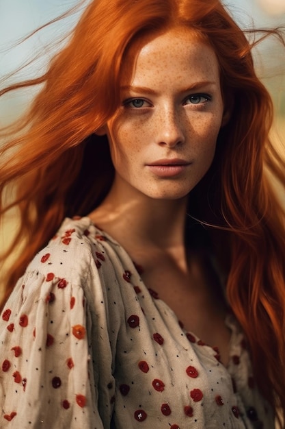 Une femme avec des taches de rousseur et des cheveux roux regarde la caméra.