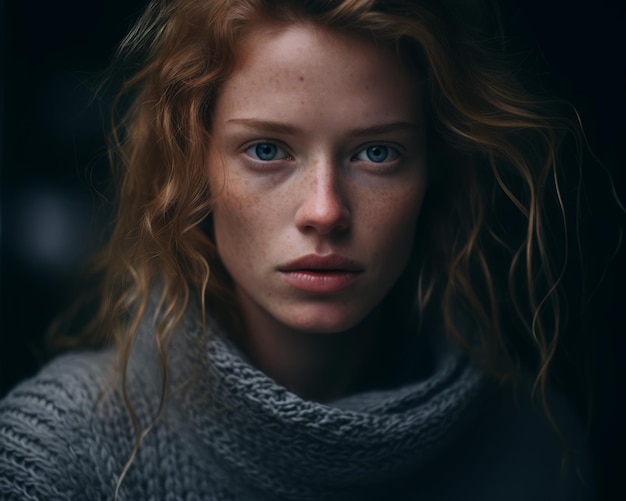 une femme avec des taches de rousseur dans un pull