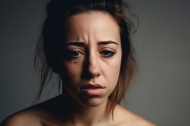 Une femme avec des taches de rousseur et une expression triste