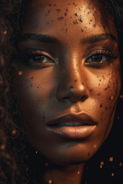 Une femme avec des taches de rousseur et un fond noir