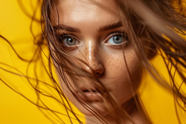 Photo une femme avec des taches de rousseur sur le visage et les cheveux soufflant dans le vent