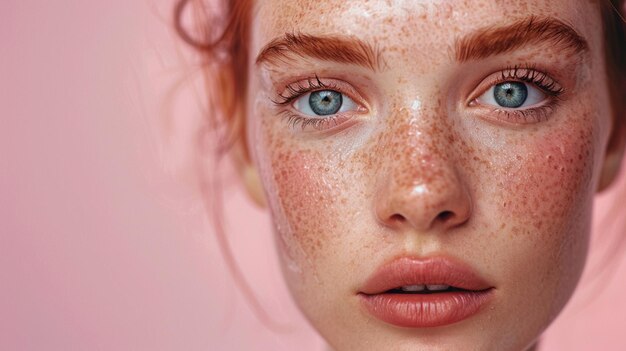 une femme avec des taches de rousseur sur le visage