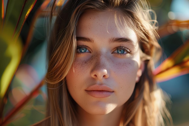 Une femme avec des taches de rousseur et des yeux bleus pose pour une photo avec un fond feuillu et une tache de roisseau