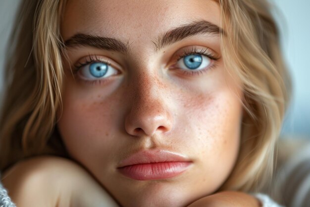 Photo une femme avec des taches de rousseur et des yeux bleus