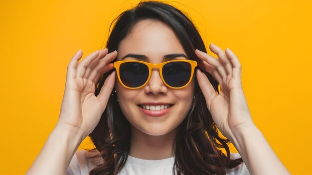 Une femme de taille moyenne avec des lunettes de soleil jaunes.