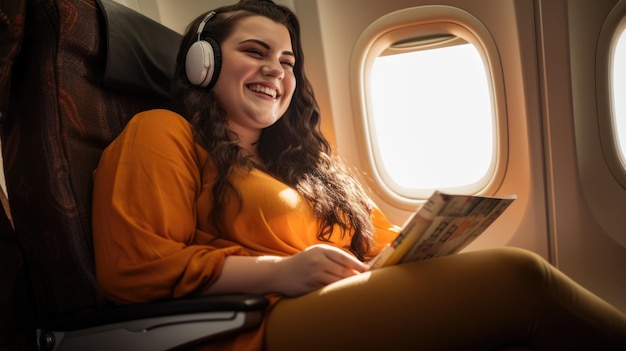 Une femme de taille plus dans un avion Une fille en surpoids heureuse vole en vacances AI