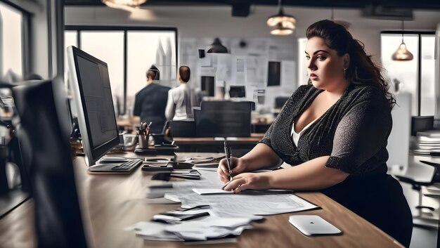 Photo une femme de taille plus travaille dans un bureau