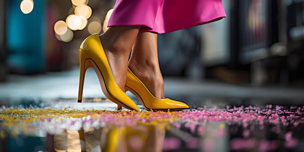 Photo femme en talons hauts jaunes élégants sur une mode de rue étincelante se concentre sur l'élégance des chaussures dans la vie nocturne urbaine ai