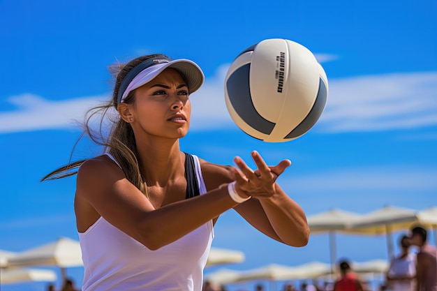 Photo une femme en tank top blanc joue au volley-ball.