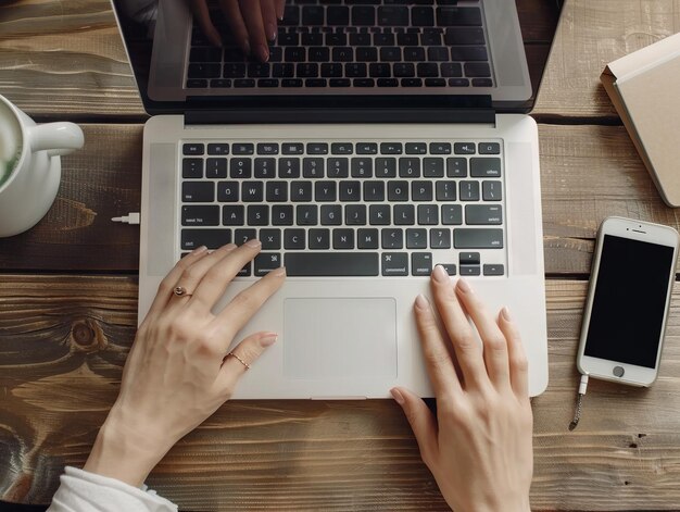 Femme tapant sur le clavier de l'ordinateur portable femme tapant sur l' ordinateur portable son téléphone est à côté d'elle