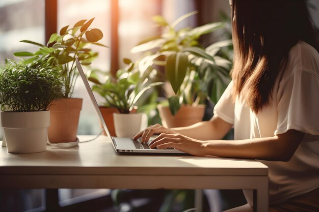 Femme tapant sur ordinateur portable avec plante sur table