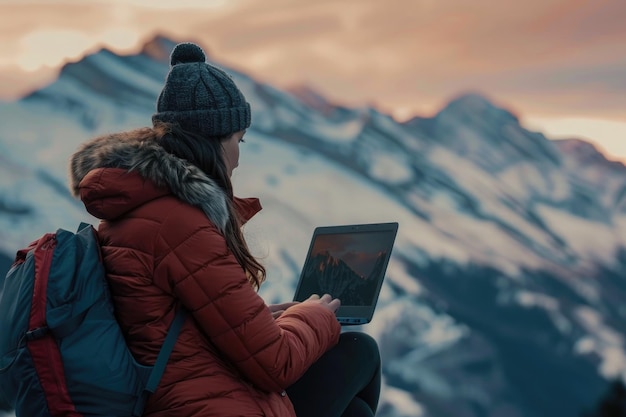 femme tapant sur son ordinateur portable sur le fond de la vue sur la montagne en hiver