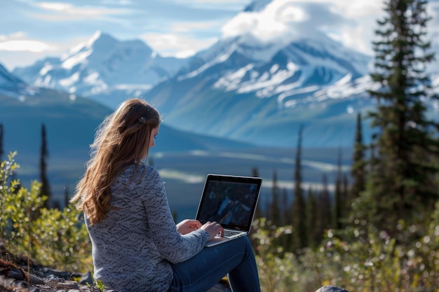 femme tapant sur son ordinateur portable sur le fond de la vue sur la montagne