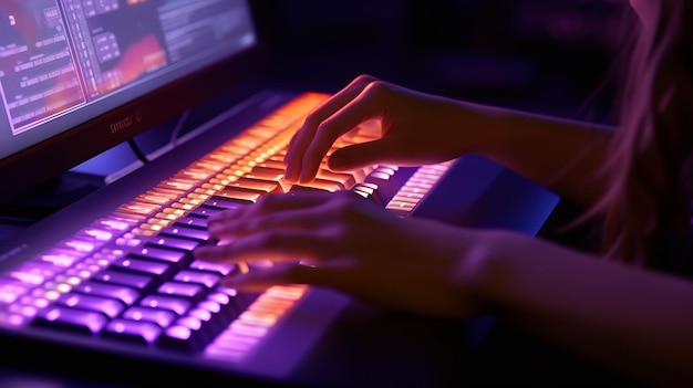 Femme tapant sur la vue rapprochée du clavier avec des couleurs d'éclairage cinématographiques violet et orange