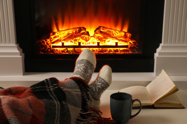 Photo femme avec une tasse de boisson chaude et un livre se reposant près de la cheminée à la maison en gros plan