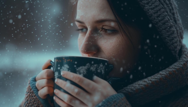 Une femme avec une tasse de café chaud par une journée froide