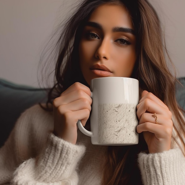 Une femme avec une tasse de café.