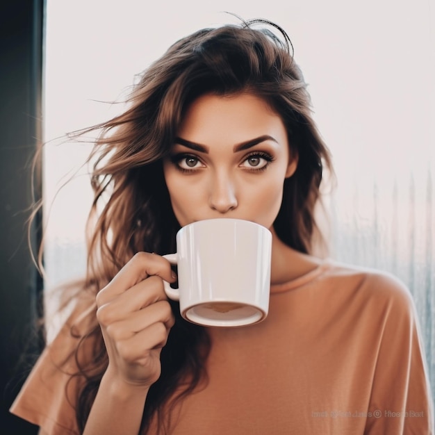 Une femme avec une tasse de café.