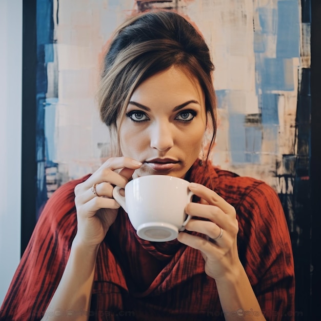 Une femme avec une tasse de café.