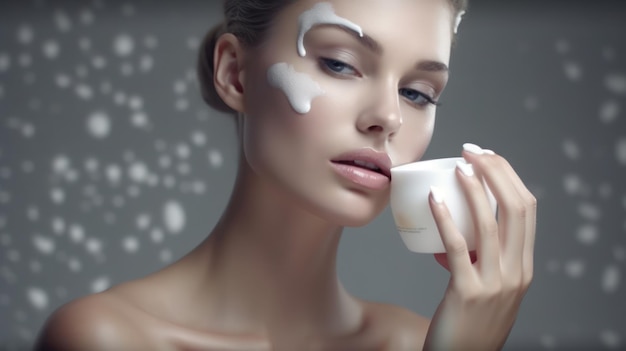 Une femme avec une tasse de crème sur son visage