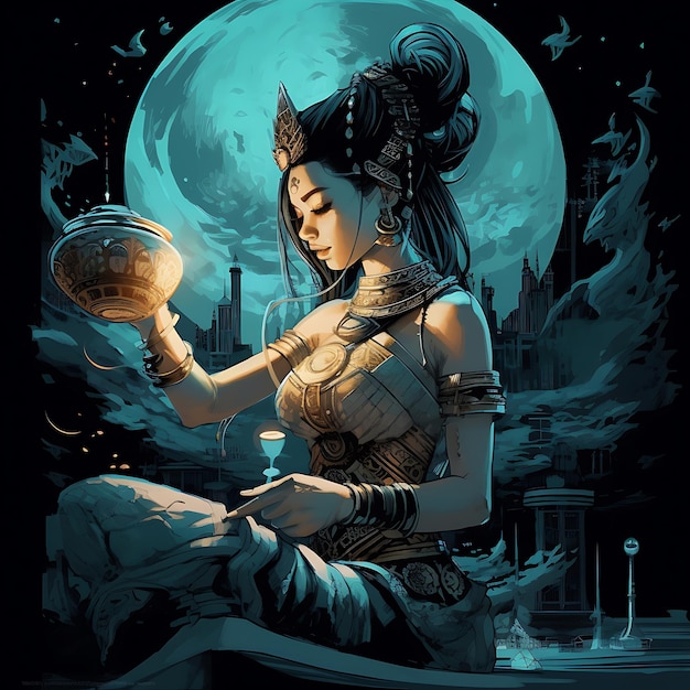 Une femme avec une tasse dans les mains et une pleine lune en arrière-plan générée par ai