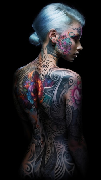 Une femme avec un tatouage d'une femme avec une fleur bleue et violette sur son dos.