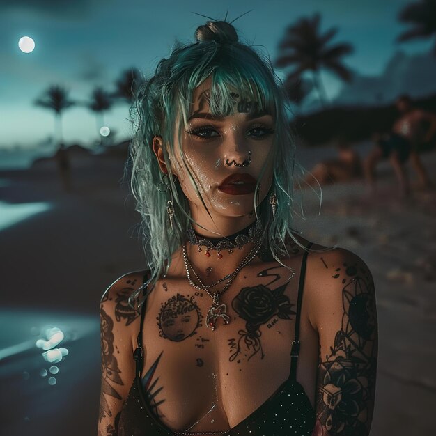 Photo une femme avec un tatouage sur son bras se tient sur la plage