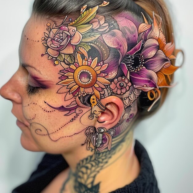 Photo une femme avec un tatouage sur la tête a des fleurs sur la tête