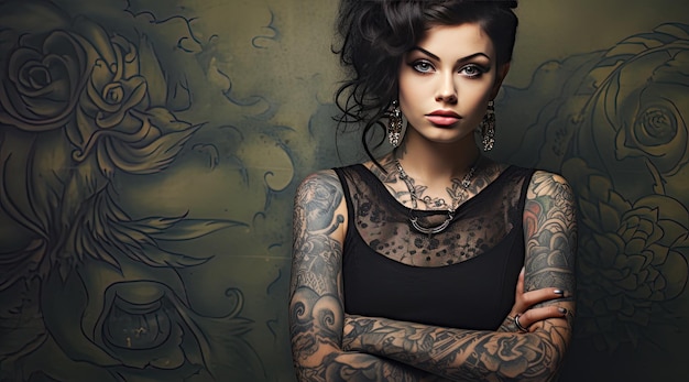Photo une femme avec des tatouages sur les bras se tient avec les bras croisés
