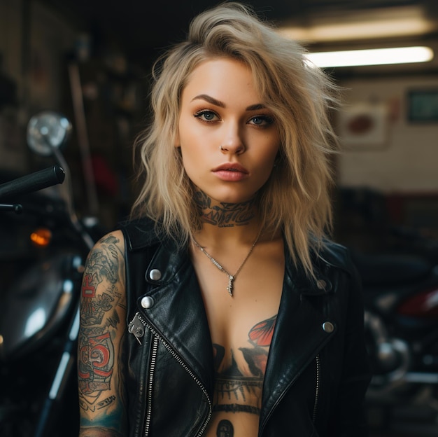 une femme avec des tatouages sur les bras et un tatouage d'une femme avec des tatouages sur la poitrine.